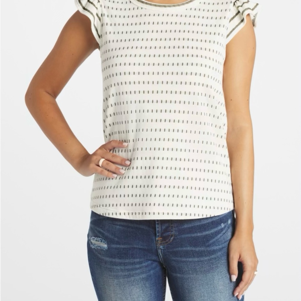 Pink Clover Striped White and Olive Green Women's Top